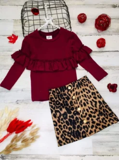Stay Cozy Animal Print Skirt Set -Kid's Apparel Sales girls burgundy long sleeve ruffled top animal print buttoned skirt set 10y 20 39 99 40 59 10y12y 2t3t 4t5y fall casual mia belle baby 140