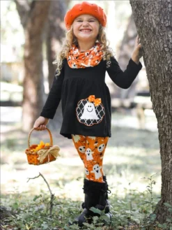 Ready, Set, Ghoul Tunic, Leggings & Scarf Set -Kid's Apparel Sales girls ghost applique long sleeve tunic spider web print leggings scarf set 19 99 and under 20 39 40 59 10y12y 2t3t halloween mia belle baby 342