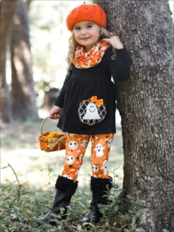 Ready, Set, Ghoul Tunic, Leggings & Scarf Set -Kid's Apparel Sales girls ghost applique long sleeve tunic spider web print leggings scarf set 19 99 and under 20 39 40 59 10y12y 2t3t halloween mia belle baby 730