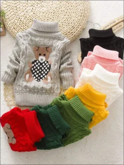 Knitted Bear Turtleneck Sweater -Kid's Apparel Sales girls knitted bear turtle neck sweater 20 39 99 40 59 2t3t 4t5y 6y6x mia belle overseas fulfillment baby 444