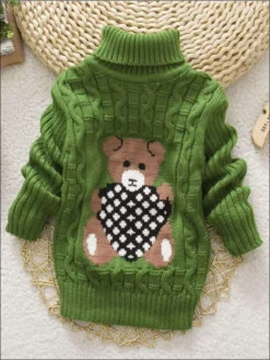 Knitted Bear Turtleneck Sweater -Kid's Apparel Sales girls knitted bear turtle neck sweater green 2t 20 39 99 40 59 2t3t 4t5y 6y6x mia belle overseas fulfillment baby 377