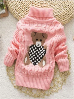 Knitted Bear Turtleneck Sweater -Kid's Apparel Sales girls knitted bear turtle neck sweater pink 2t 20 39 99 40 59 2t3t 4t5y 6y6x mia belle overseas fulfillment baby 117