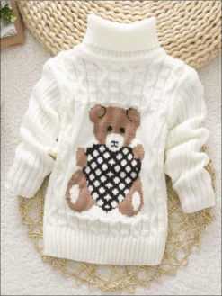 Knitted Bear Turtleneck Sweater -Kid's Apparel Sales girls knitted bear turtle neck sweater white 2t 20 39 99 40 59 2t3t 4t5y 6y6x mia belle overseas fulfillment baby 593