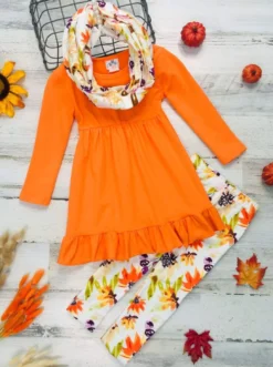 Fancy Fall Florals Tunic, Leggings & Scarf Set -Kid's Apparel Sales girls long sleeve ruffled tunic floral leggings scarf set orange 3t 20 39 99 40 59 10y12y 2t3t 4t5y fall casual mia belle baby 524