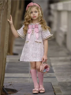 Upper East Side Tweed Dress -Kid's Apparel Sales girls pearl embellished bow buttoned tweed dress 20 39 99 2t3t 4t5y 6y6x 7y8y spring dressy mia belle baby 714