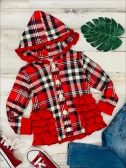 Plaid Passion Hoodie Cardigan -Kid's Apparel Sales girls plaid button down hooded cardigan with side ruffles 20 39 99 40 59 10y12y 2t3t 4t5y sweater mia belle baby 730