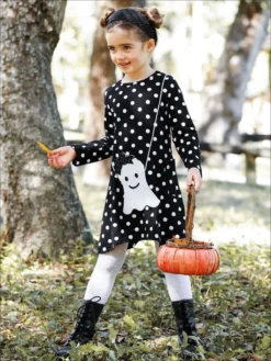 Precious Polka Dot Pocket Dress & Purse Set 18 Precious Polka Dot Pocket Dress & Purse Set -Kid's Apparel Sales girls polka dot long sleeve side pocket dress with matching cross body purse 19 99 and under 20 39 40 59 10y12y 2t3t halloween mia belle baby 980