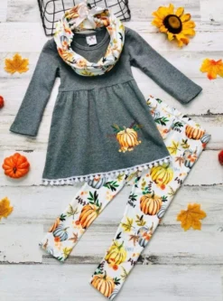 Pumpkin Picking Tunic, Legging & Scarf Set -Kid's Apparel Sales girls pumpkin print circle trim hem long sleeve tunic leggings scarf set grey 3t 19 99 and under 20 39 40 59 10y12y 2t3t fall casual mia belle baby 759