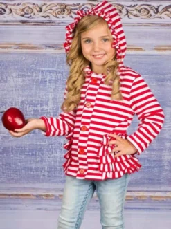 Candy Cane Kisses Hoodie Cardigan -Kid's Apparel Sales girls red white striped button down hooded cardigan with side ruffles 20 39 99 40 59 10y12y 2163 2t3t sweater mia belle baby 472