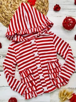 Candy Cane Kisses Hoodie Cardigan -Kid's Apparel Sales girls red white striped button down hooded cardigan with side ruffles 20 39 99 40 59 10y12y 2163 2t3t sweater mia belle baby 980