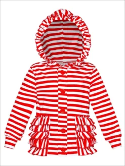 Candy Cane Kisses Hoodie Cardigan -Kid's Apparel Sales girls red white striped button down hooded cardigan with side ruffles 2t3t 20 39 99 40 59 10y12y 2163 sweater mia belle baby 595
