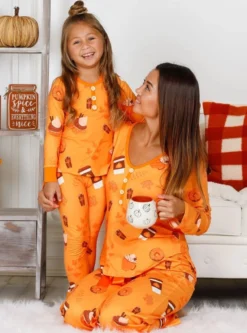 Mommy & Me Pumpkin Treats Pajama Set -Kid's Apparel Sales mommy me long sleeve buttoned pumpkin spice season and fall print pajama set orange 2t3t 20 39 99 40 59 10y12y 4t5y mia belle baby 638