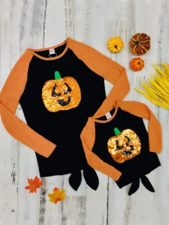 Mommy & Me Sequin Jack-O-Lantern Knot Hem Top