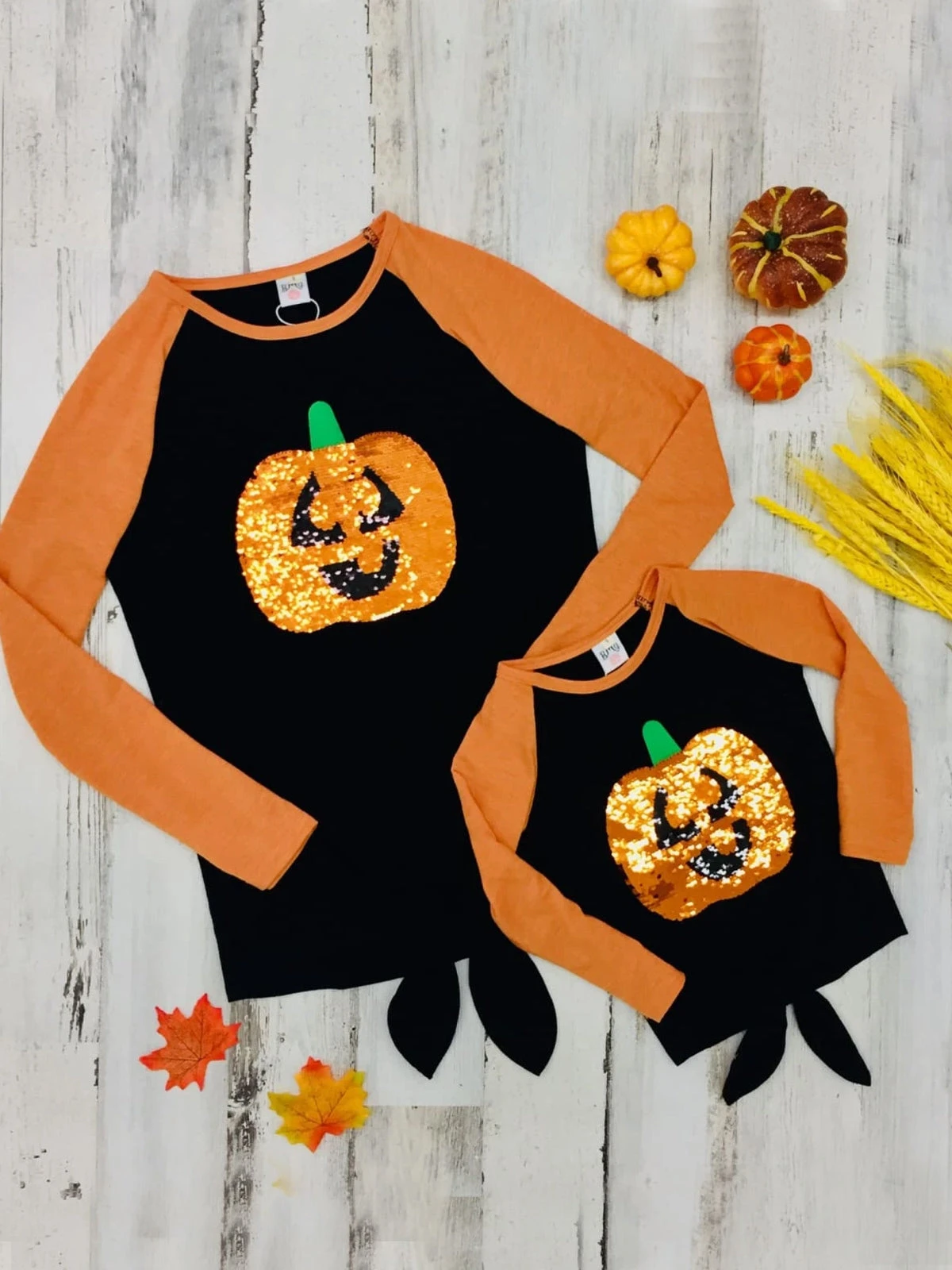 Mommy & Me Sequin Jack-O-Lantern Knot Hem Top 1 Mommy & Me Sequin Jack-O-Lantern Knot Hem Top